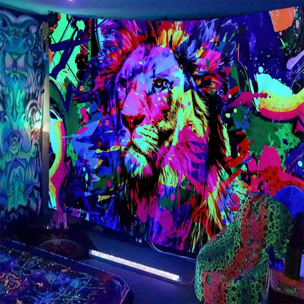 Fluorescent Tapestry Hippie Home Decor   UV Reactive Psychedelic  Wall Hanging Boho Style