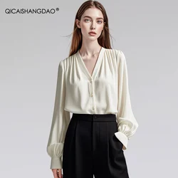 Womens Long Sleeve V-neck Beige Satin Shirt 2024 Fall New Button-down Tops Loose-fitting Casual Fashion Shirred Blouses