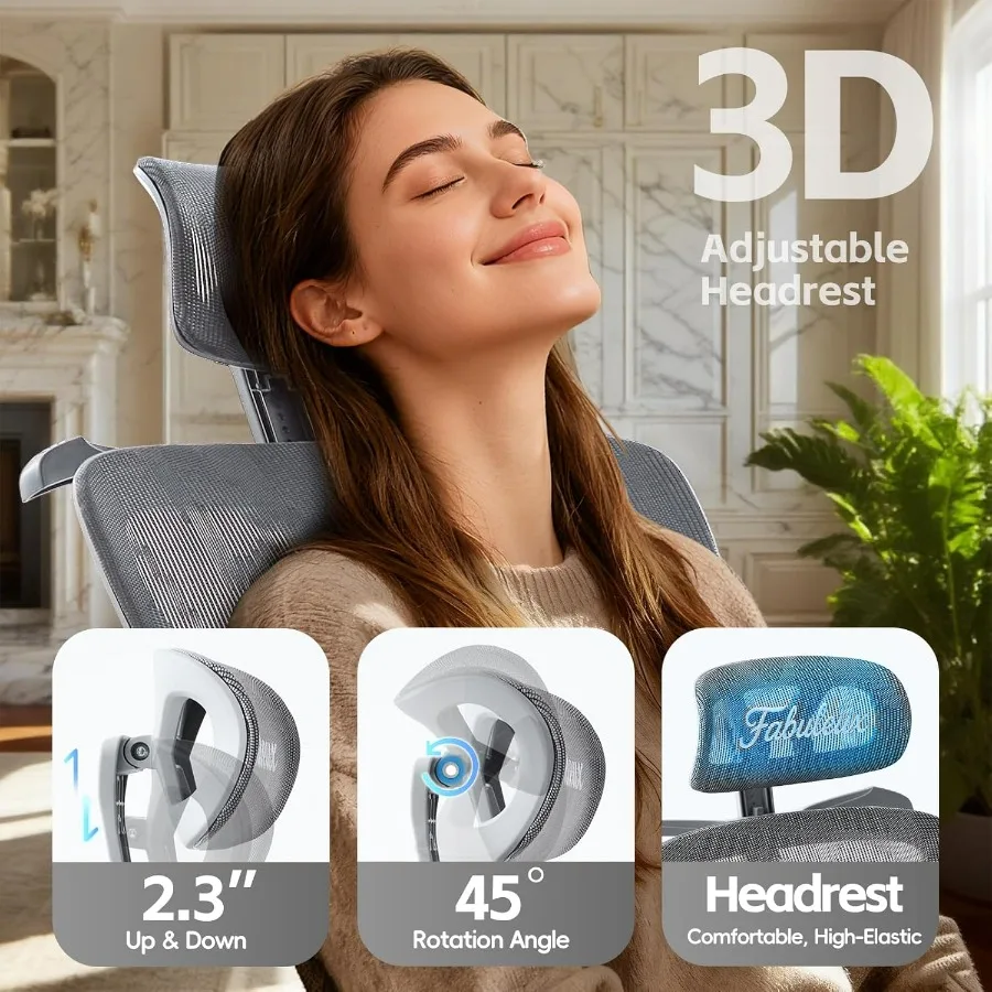 كرسي مكتب شبكي مريح، كرسي مكتب منزلي متين مع مسند رأس قابل للتعديل ودعم قطني وعمق المقعد، مستلق عالي الظهر