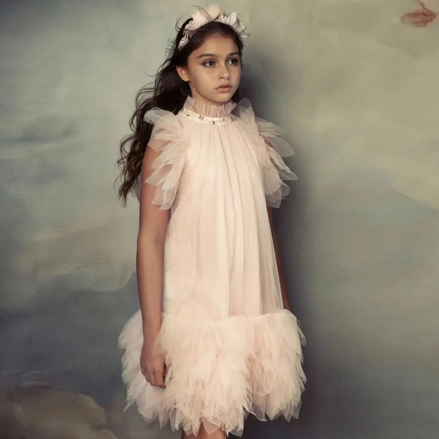 

Платья для девочек с высоким воротом и цветочным декором для свадьбы, тюлевое многослойное платье без рукавов для выпускного вечера, для фотосессии, платья для первого причастия, на заказ