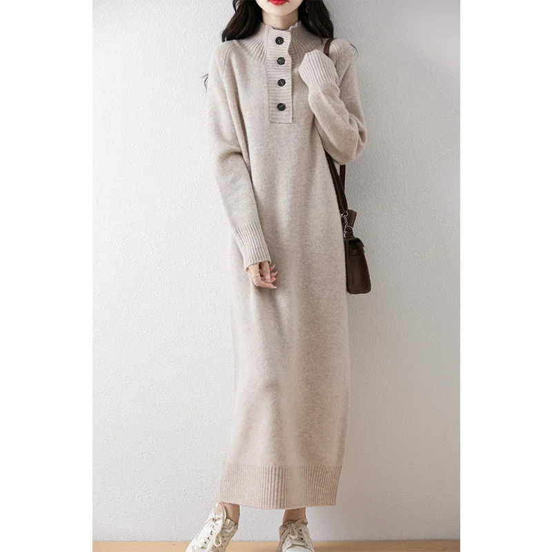

Women'S Wool Long Dress Loose Casual Covering Knitted Sweater Dress Thick Half Open Collar Buttoned One-Step Long Dress