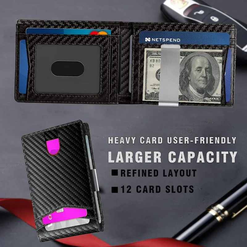 Men's Slim RFID Protected Wallet Carbon Fiber PU Leather Bifold Card Holder with Clip Thin Minimalist Wallet for Credit Cards