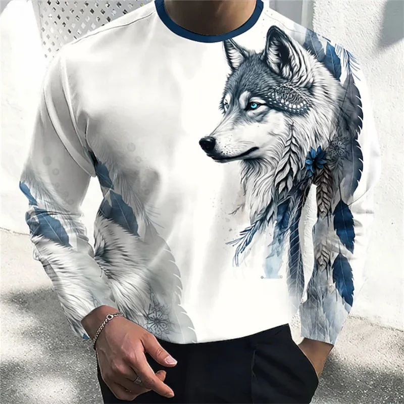 White 3D Print Wolf Eagle Pattern T Shirt Men Long Sleeve Casual Fashion T-shirt Sweatshirt Breathable Streetwear Mens Clothes