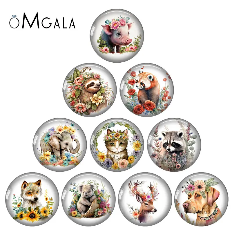 Cute Flower with Pig Dog Cat Raccoon Koala Animals 12mm/18mm/20mm/25mm Round photo glass cabochon demo flat back Making findings