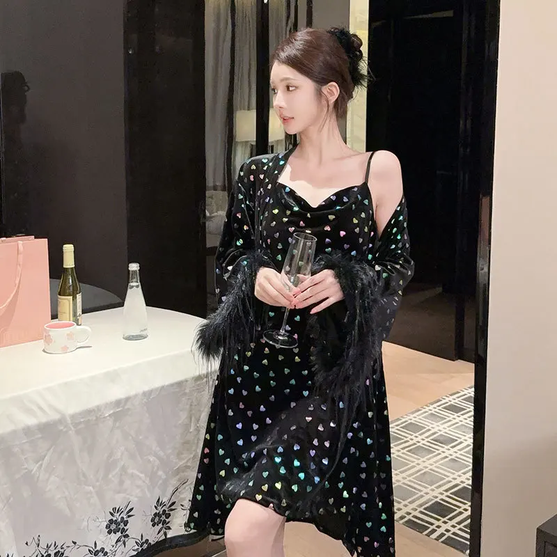 Women Feather Cuff Robe Nightdress Sleepwear Two Piece Set Sexy Nightgown Kimono Bathrobe Loose Casual Home Wear