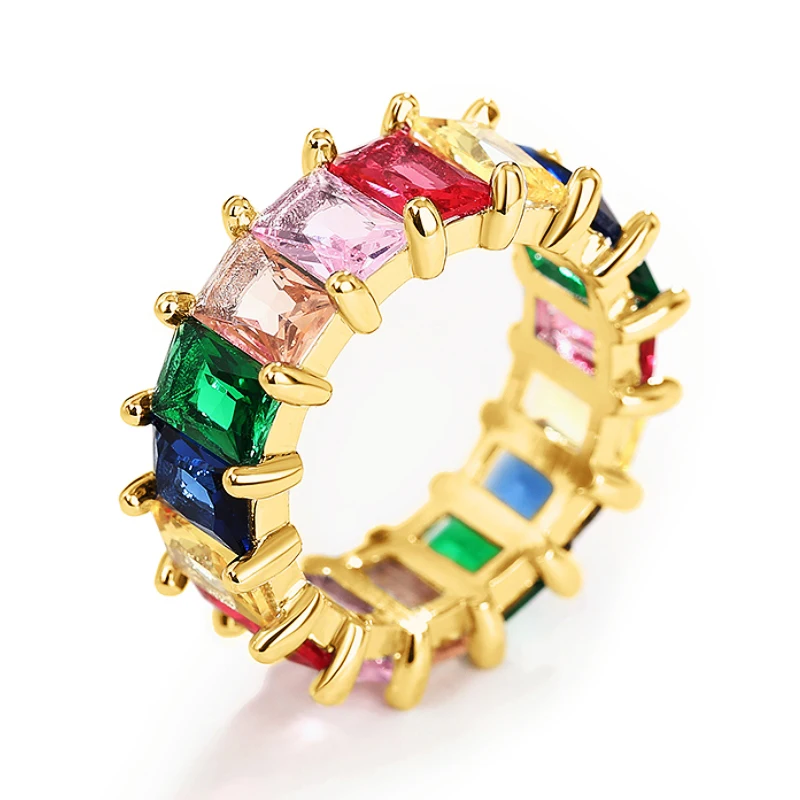 Huitan Rectangular Colorful CZ Promise Rings for Women Luxury Gold Color/Silver Color Wedding Accessories Rainbow Rings Jewelry