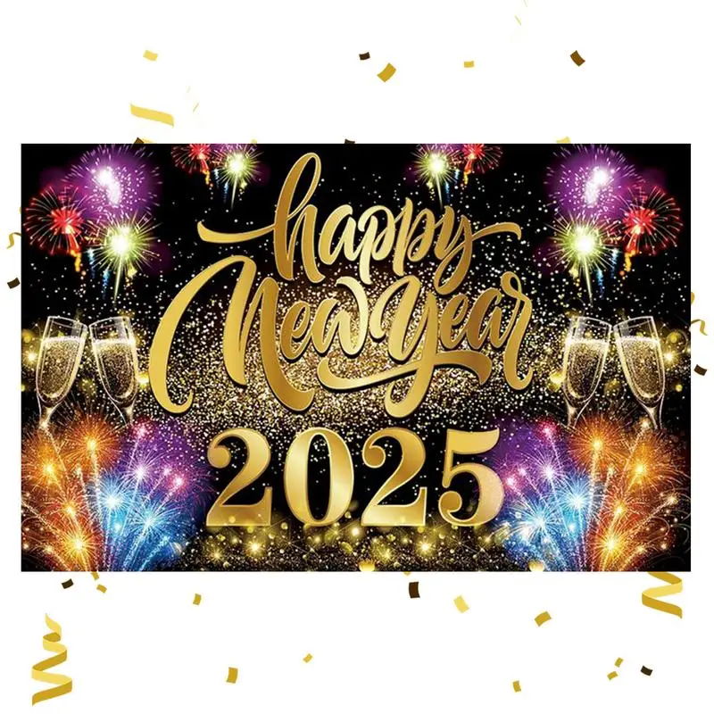 2025 Happy New Year Backdrop Black Gold Background Party Decoration Photo Booth Non-Fade Elegant Photo Backdrop New Year Banners