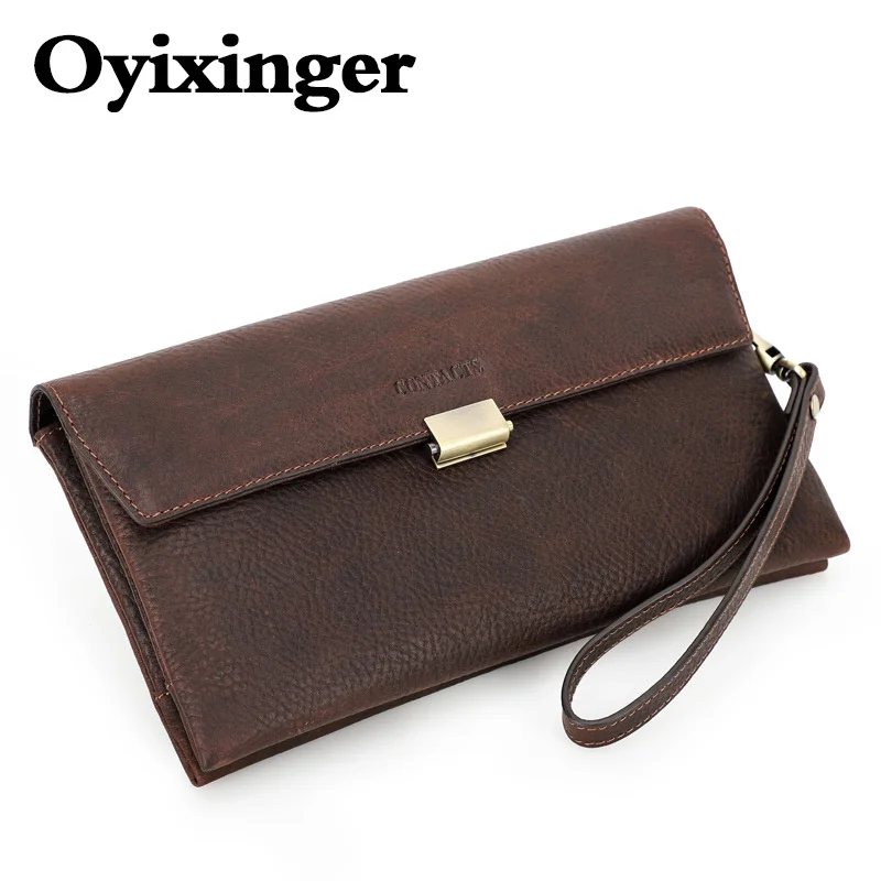 OYIXINGER Genuine Leather Men's Wallet For Female Cowhide Handbag With Multi-interval Phone Bags Cash Coin Pouch Man Clutch Bag