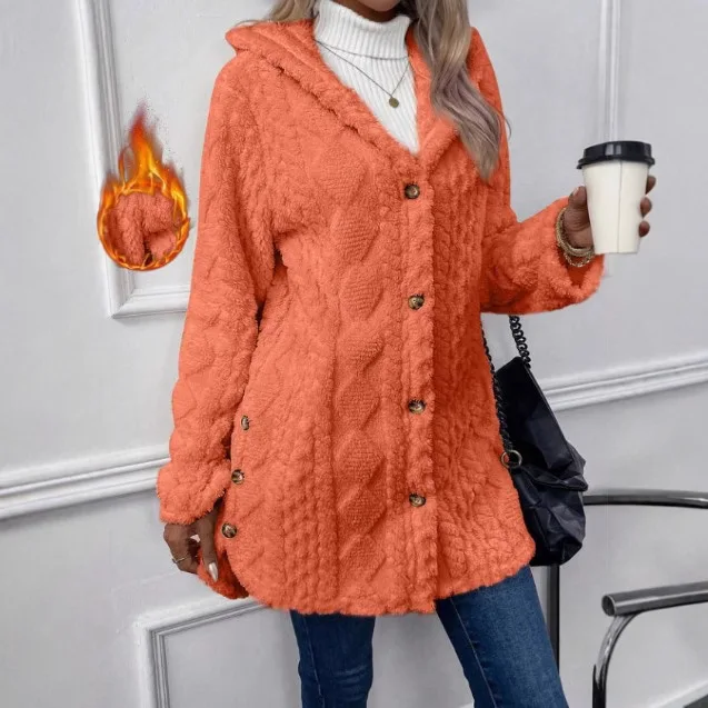 2025 Autumn and Winter European and American Hooded Solid Color Cardigan Button Long Sleeve Casual Jacket