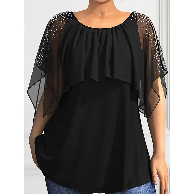 Damskie koszulki Plus Size Szyfonowa kropka Fałszywy dwuczęściowy top Vintage Casual Elegancki letni czarny t shirt Okrągły dekolt Tee Top