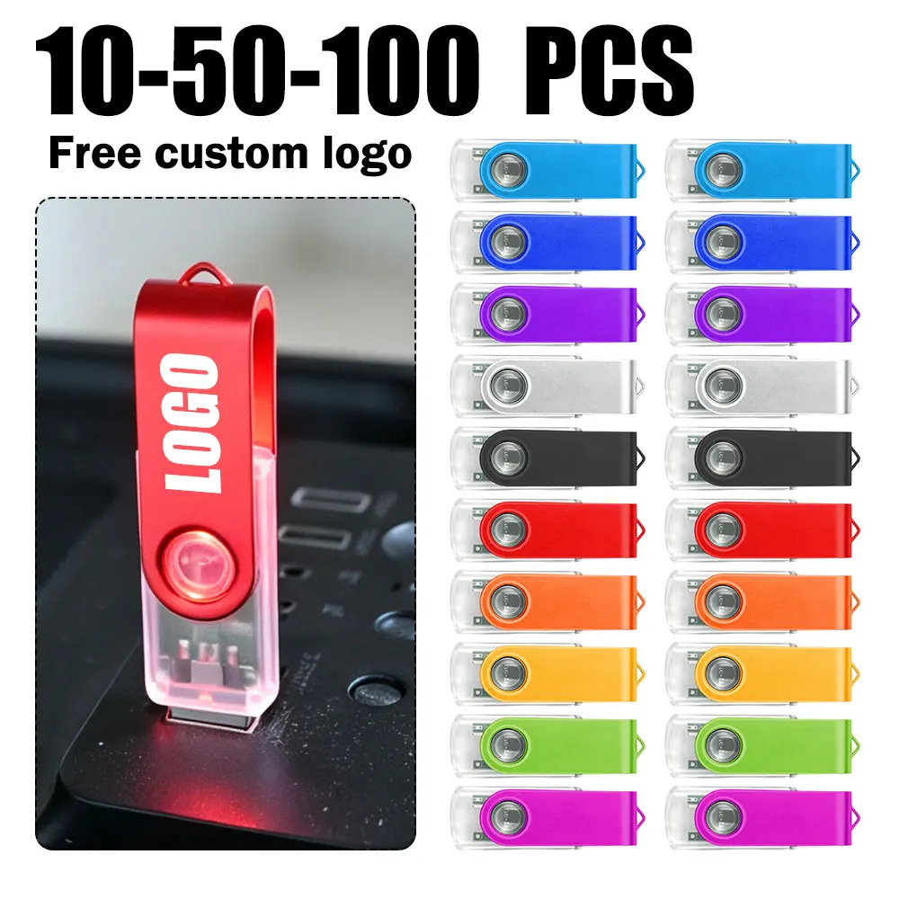 10/50/100PCS/lot USB Flash Drive 2.0 4GB 8GB 16GB Transparent Pendrive 32GB 64G USB Memory Flash Stick with LED Disk Free Custom