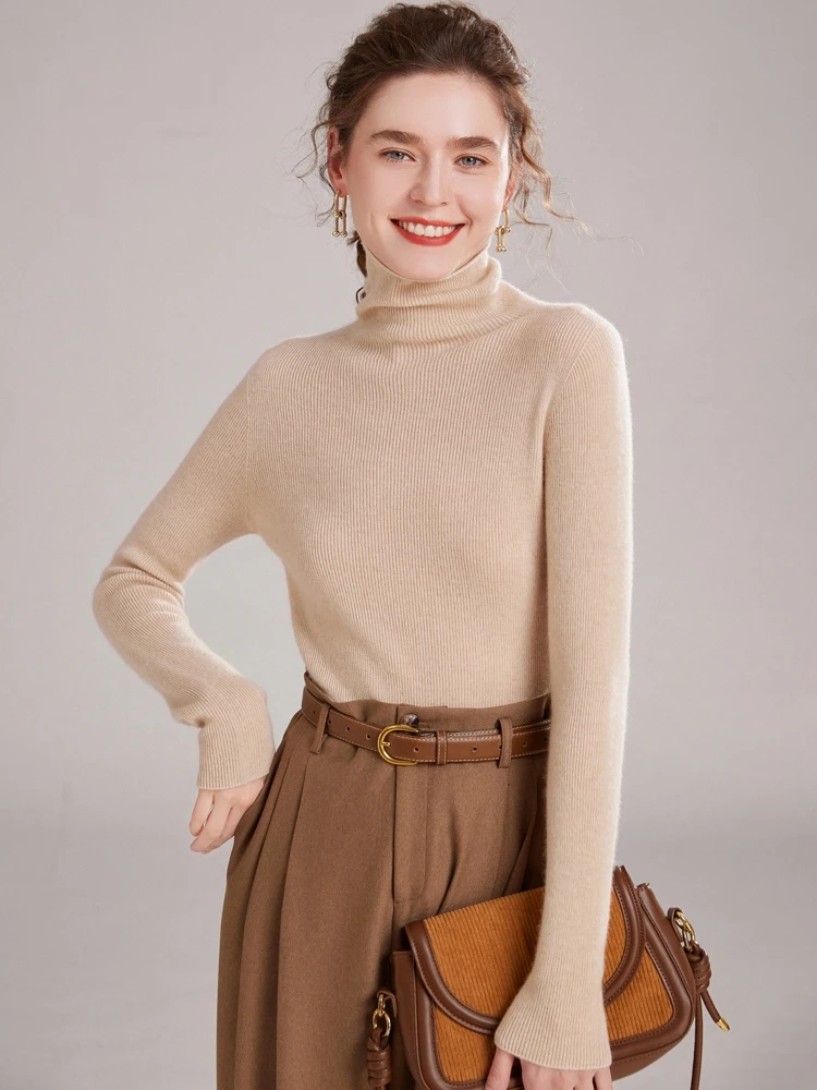 

Women New 100% Cashmere Pullover Sweater Autumn Winter Turtleneck Pile Collar Soild Fit Soft Comfort Knit Basic Long Sleeve Tops