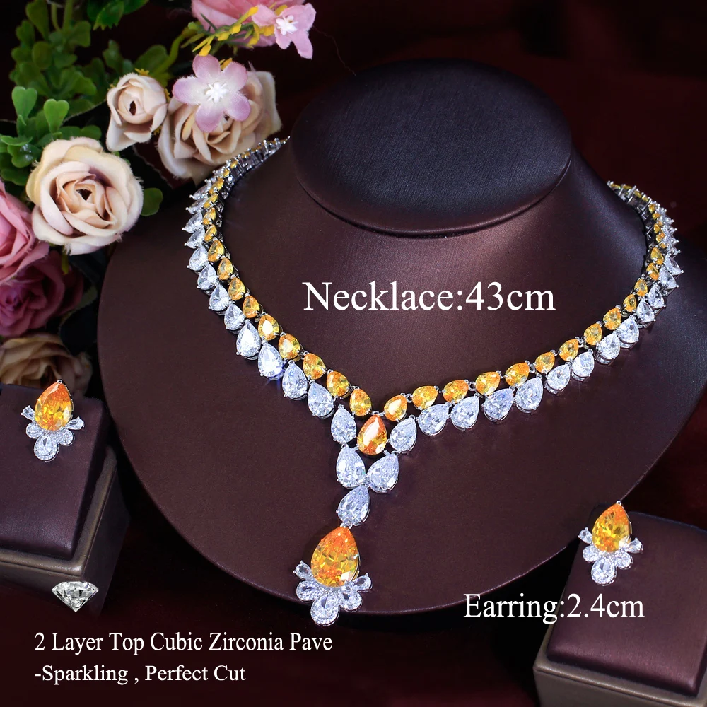 CWWZircons 2 Layer Water Drop Cubic Zirconia Big Chunky Necklace Party Brides Jewelry Sets for Women Luxury Wedding Decor T769