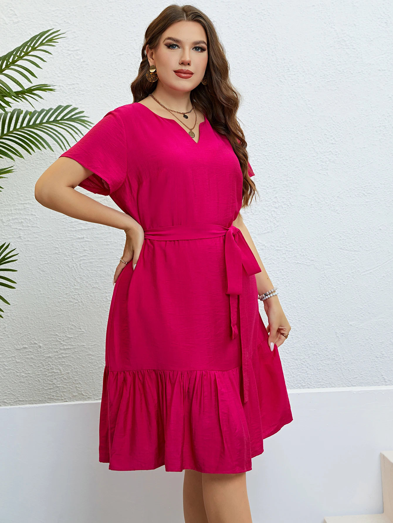 Plus Size Summer New Style Short Sleeve V-neck Solid Elegant Dress For Women Outfits Casual A-line Party Large Size Midi Dresses