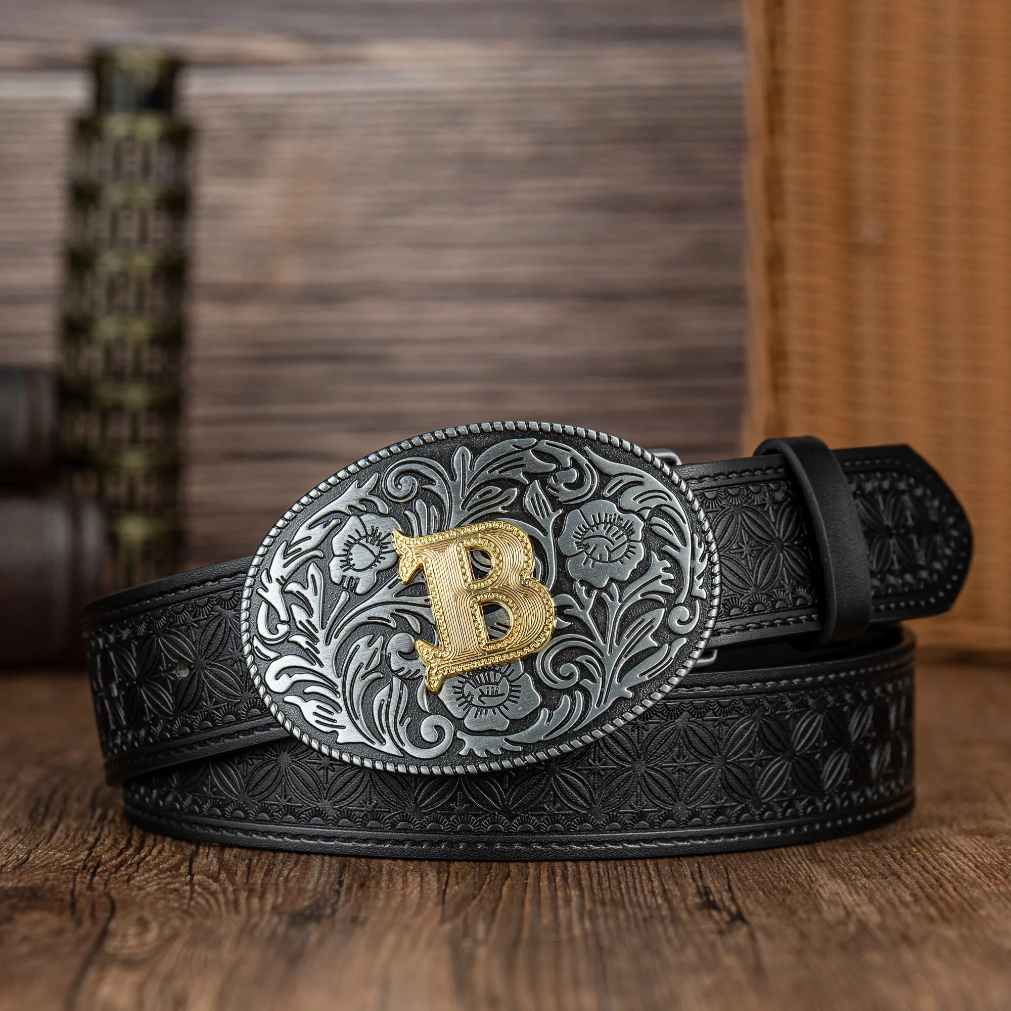 Oval flower letter big plate buckle trend simple paper-cut PU embossed button belt