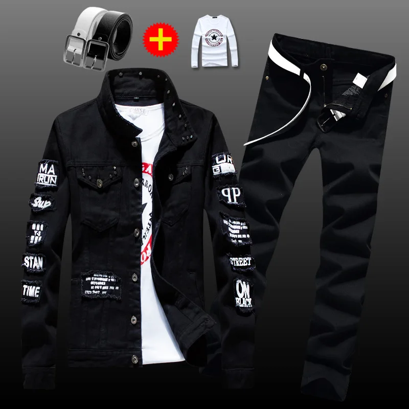 Mens Denim Jacket + Jeans Pants Spring Autumn Fashion Letters Printed Coat Trousers with Belt Free Send T-shirts 4pcs Suit