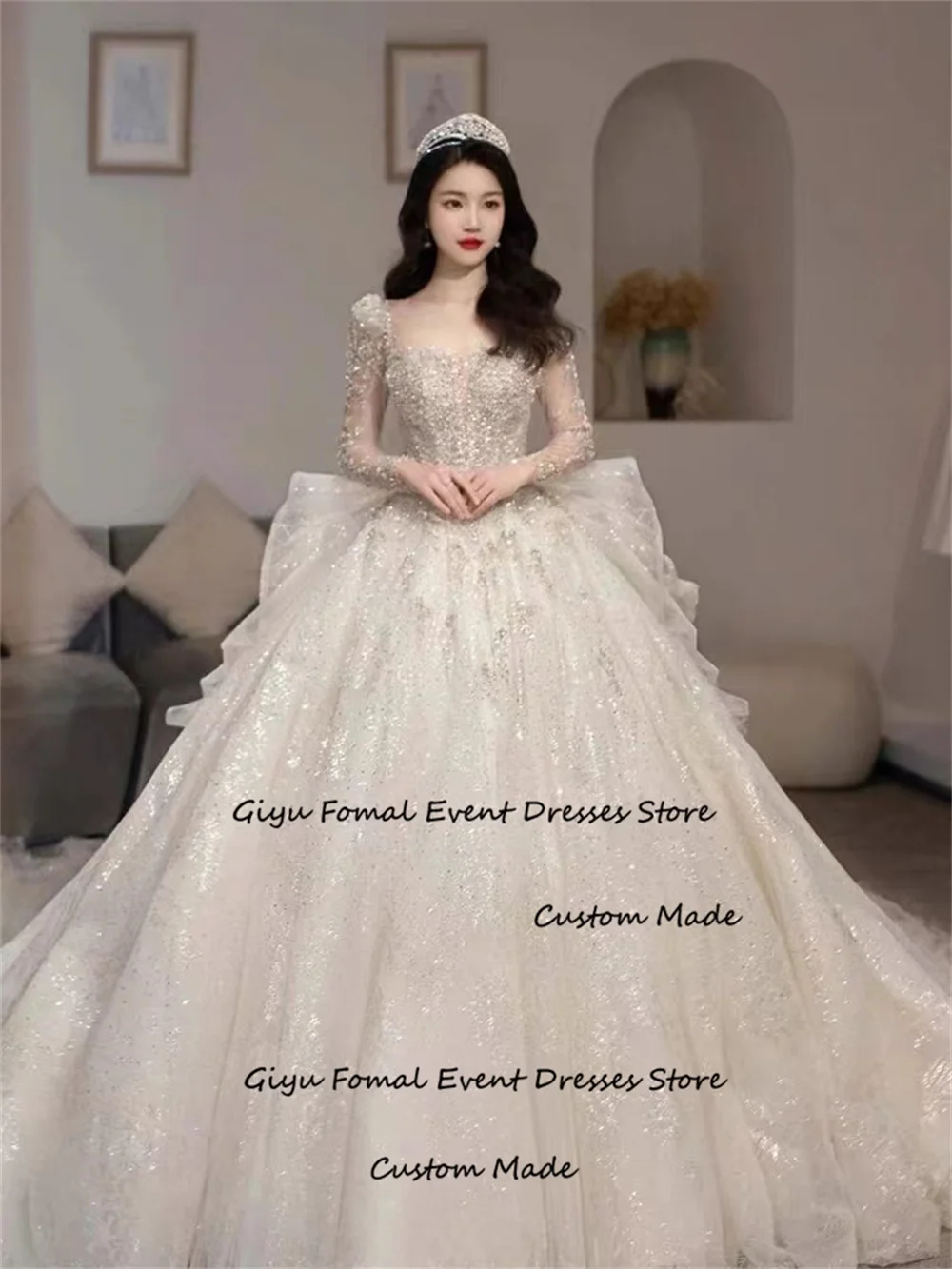 Giyu Exquisite a-line abito da sposa per donna Shining Beaded Sweetheart Collar Bow Floor-length Vestidos Novias Boda