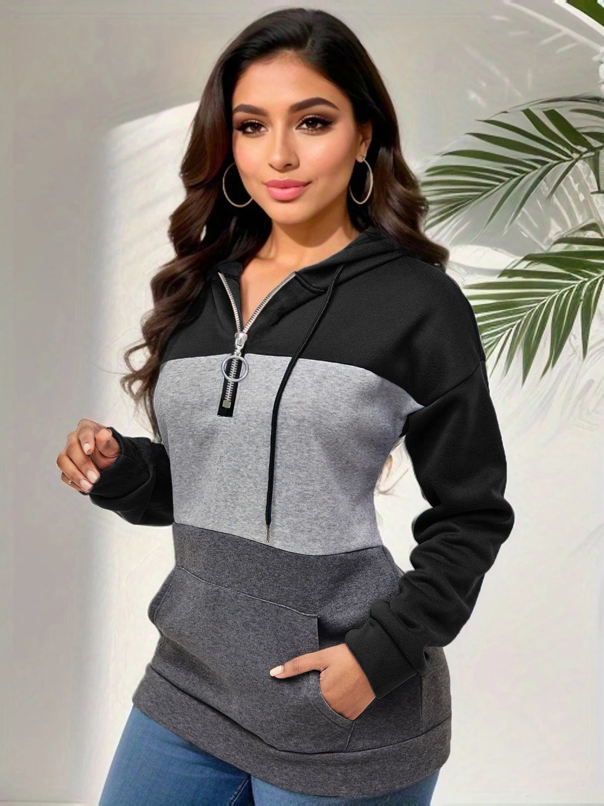 New autumn and winter long-sleeved contrast color stitching hooded zipper drawstring pullover sweatshirt