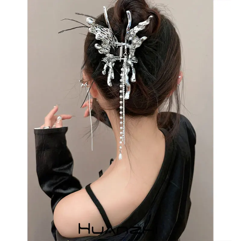 Alien Irregular Metal Hollowed Out Long Tassel Chain Butterfly  Hair Claws for Women Girl Trendy Punk Y2K Jewelry HUANZHI NEW