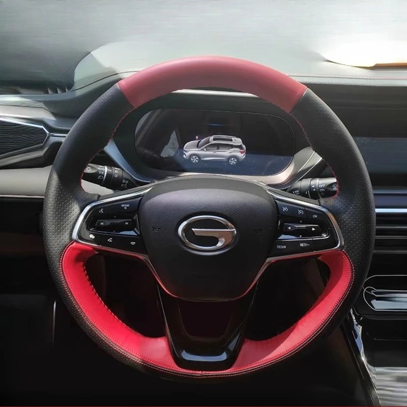 

Для GAC Trumpchi M8 GS5 2021 2022, сшитый вручную нескользящий черный, красный чехол на руль автомобиля из натуральной кожи