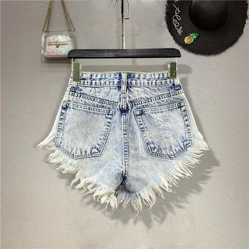 Fashion Denim Shorts Women's Streetwear Bar Spicy Girl A-line Wide Leg Shorts Summer High Waisted Breasted Fringe Hot Pants