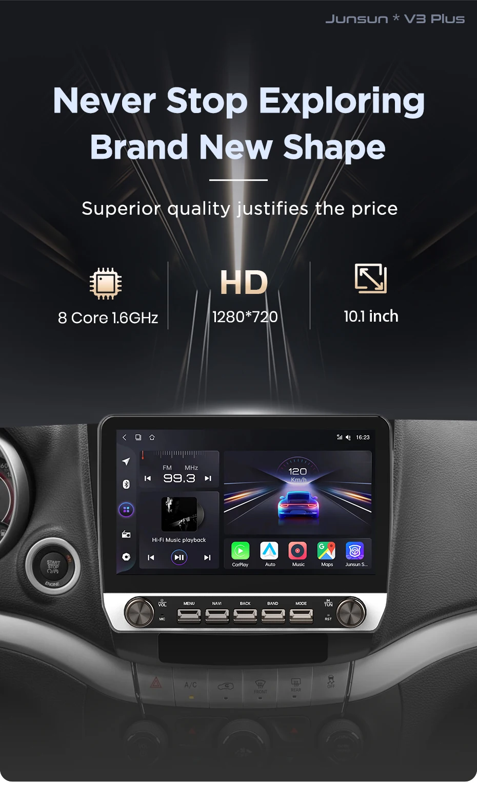 Junsun 10,1-Zoll-Autoradio für Dodge Journey für Fiat Freemont 2011-2020, kabelloses CarPlay, Android Auto, intelligente Systeme, IPS-Touchscreen mit physischen Tasten, DSP, GPS-Navigation, WLAN, DAB+, RDS, FM/RAM, BT, SWC, Plug-and-Play, 2DIN-Multimedia-Player – Detail 3