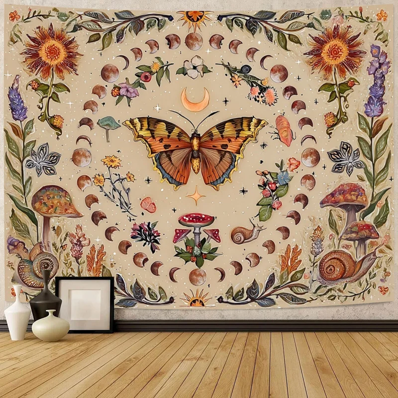 VIKAMA Wandteppich mit Wald- und Schmetterlingsmotiv, Vintage-Stil, Blumen, Pflanzen, Mädchenherz, Wohnzimmerdekoration, Heimdekoration