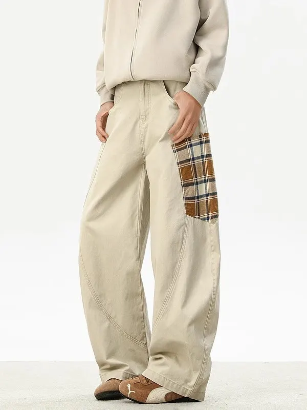 

American Plaid Large ket Knife Jeans Men's Women's Vintage Straight Loose Casual Couples Wide Leg Pants Trendy