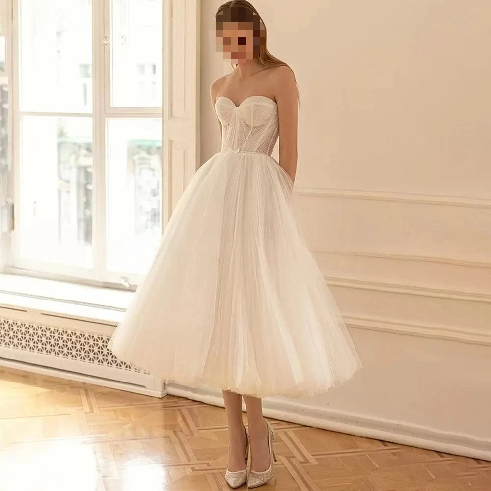 

Wedding Dresses Sweetheart Short Sleeveless Mid-Calf Tulle Simple A-Line Bride Dress High Quality Backless Party Gown Customized