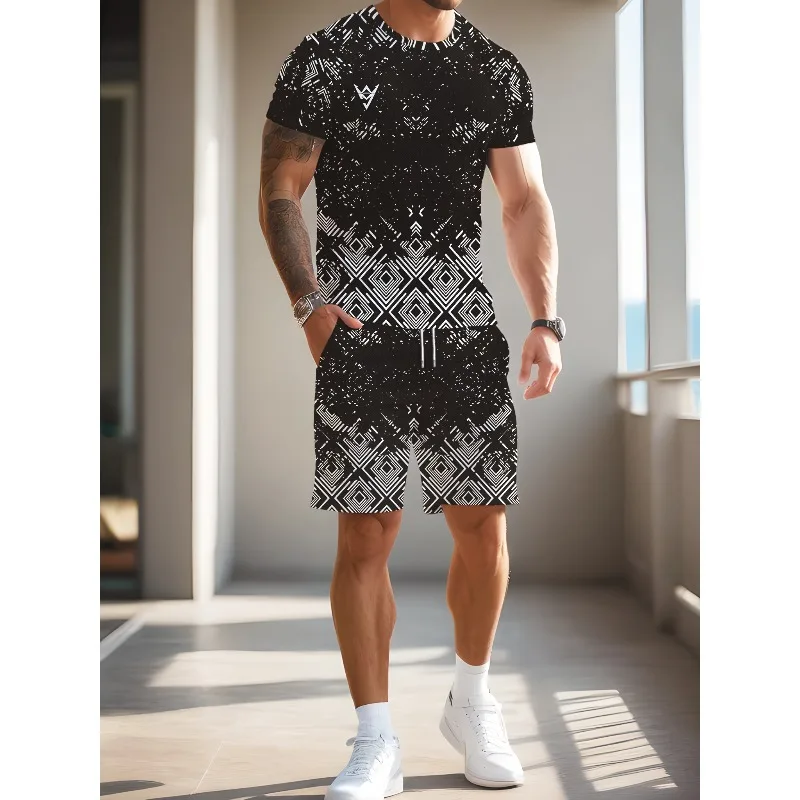 2025 Fashion Leisure Summer Men's Sports Style 3D Digital Printing Pattern Round Neck Short Sleeved T-shirt Shorts 2-piece Set