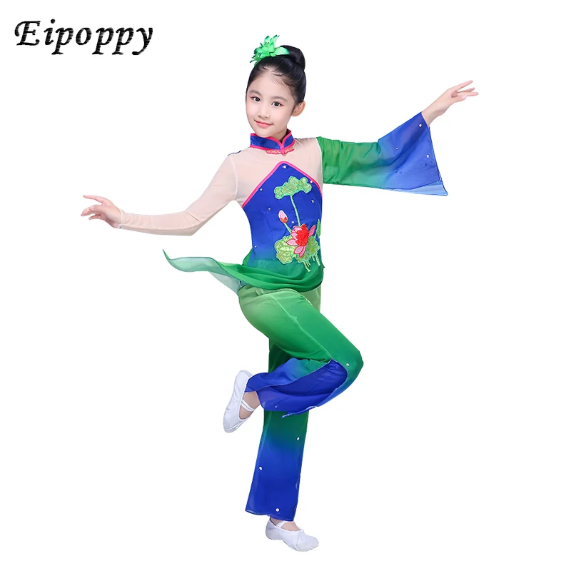 

Children's Classical Dance Costume 2018 New Girls Elegant Classical Yangko Clothing Fan Dance Folk Dance Clothing