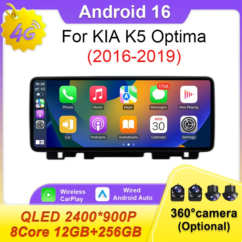 Para KIA K5 Optima 2016 2017 2018 2019 Navegación GPS Radio de coche de 12.3 pulgadas BT Inalámbrico Carplay Android 16 Auto 4G Wifi Multimedia