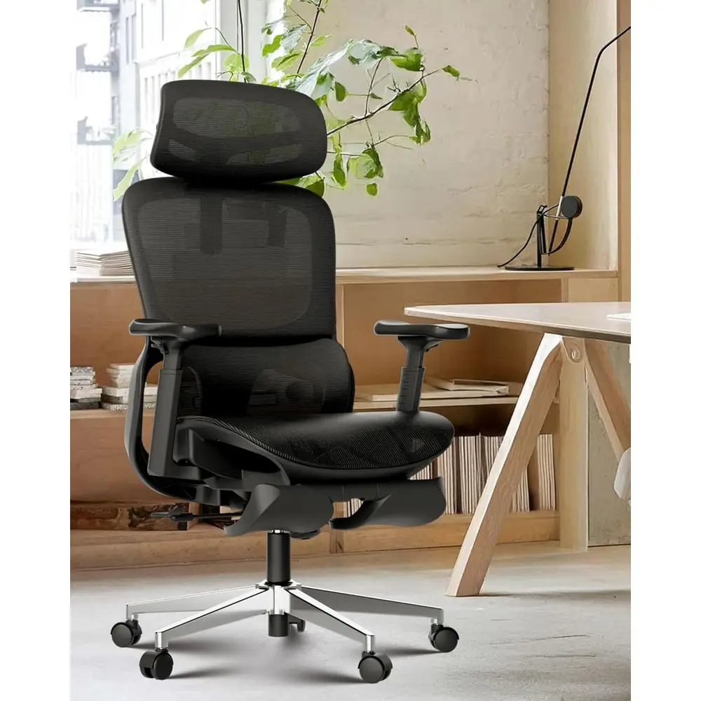 

Ergonomic Office Chair with 3D Lumbar Support, Mesh Seat, 360° Swivel Arms, 135° Recline, Black (with Footrest)