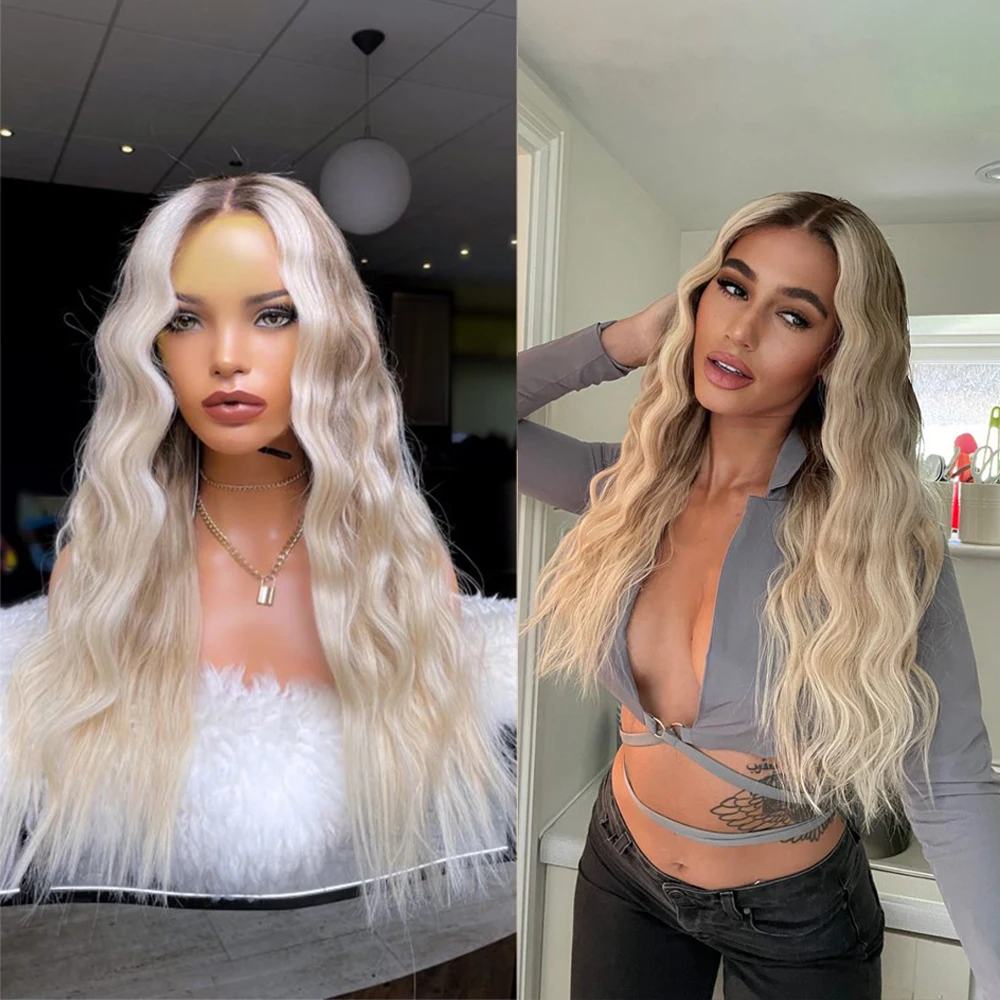 

Golden Blonde Full Lace Wig with Dark Roots Highlights 13x6 Slight Wavy Human Hair Wigs HD Transparent Lace Wig for Women 200%