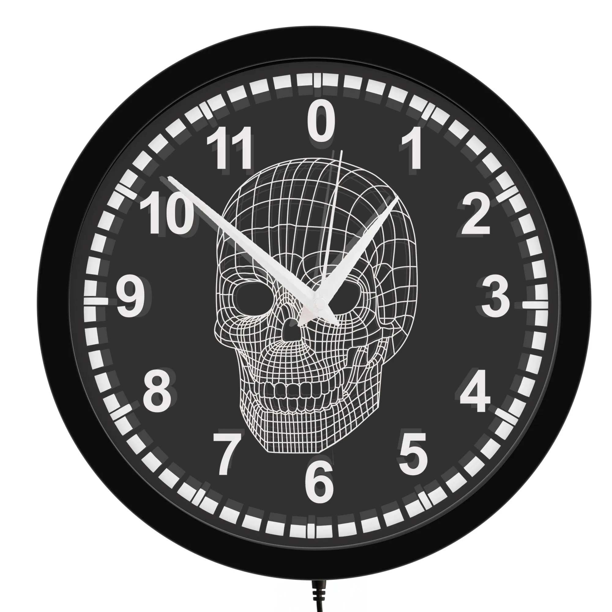 Wireframe Skull LED Neon Backlit Wall Clock for Man Cave Game Room Gothic Skeleton Cyberpunk Metal Frame Illuminated Wall Clock