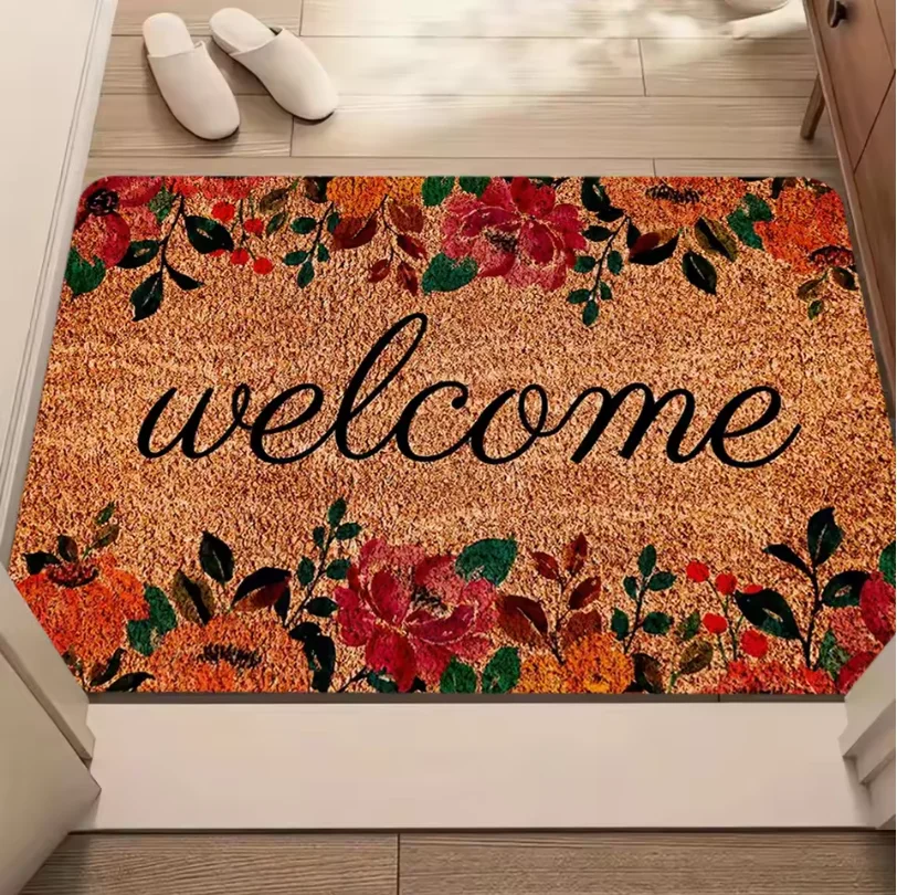 Fall Pumpkin Maple Leaf Welcome Doormat Autumn Harvest Season Front Door Entryway Decor Rug Indoor Outdoor Home Floor Mat