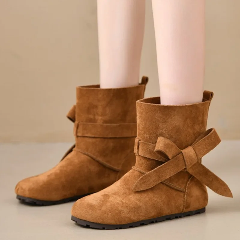

Suede Women Flats Ankle Boots Bow Fashion Walking Shoes 2025 Winter New Trend Casual Cozy Chelsea Motorcycle Short Botas Mujer