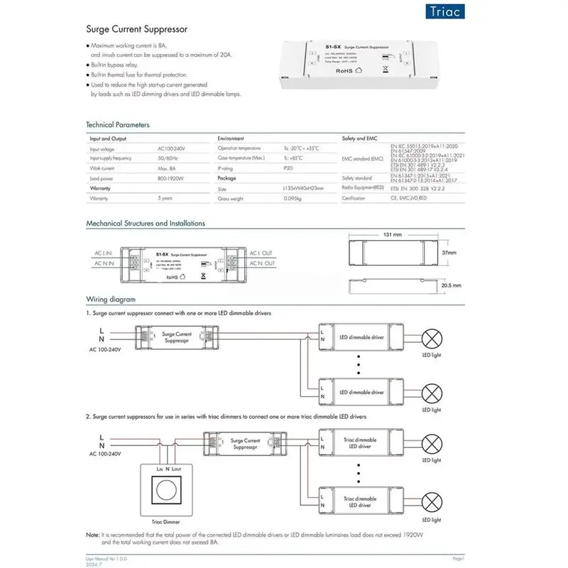 A25I-Triac Dimmable LED Driver Surge Current Suppressor AC 110V 220V 1Chx8a S1-SX 800-1920W Surge Suppressor