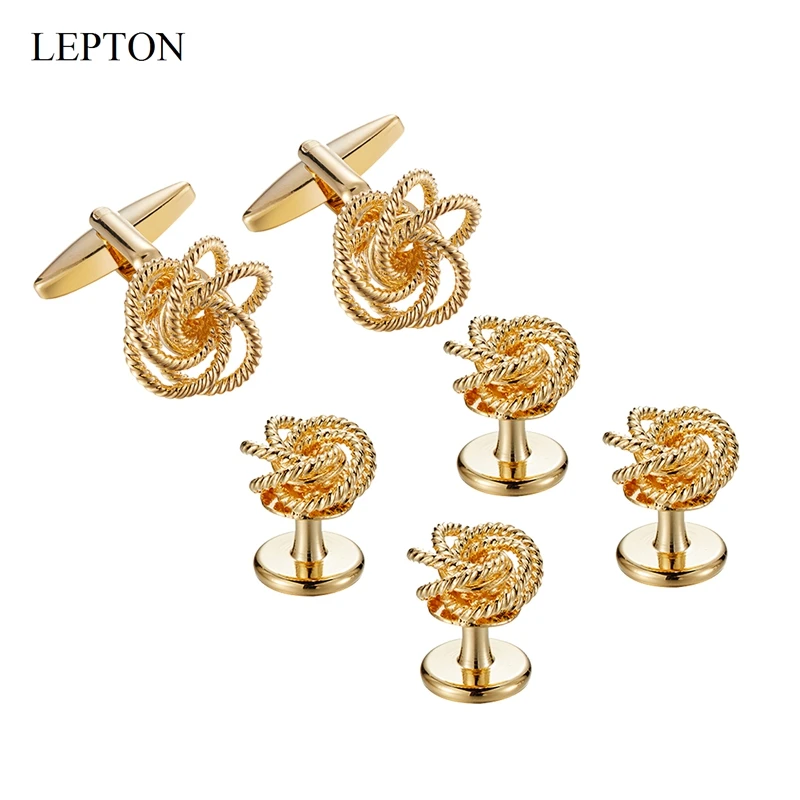 Low-key Luxury Metal Knots Cufflinks Tuxedo Studs Sets Lepton 14K Gold Color Plating Cuff links Collar Studs Cufflink For Mens