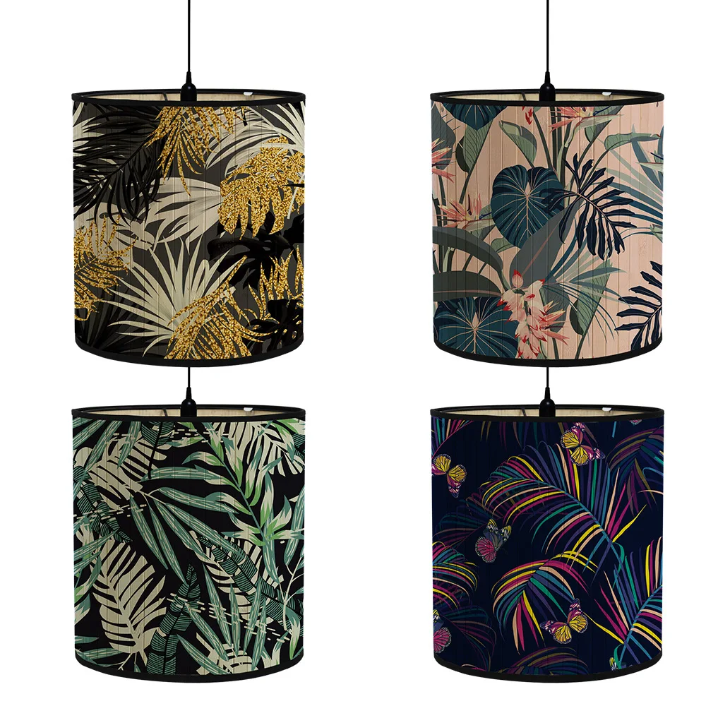 Tropical Plants Print Lamp Shade European Style Bamboo Hanging Chandelier Lampshade Foldable D4cm E27 Home Decor Light Cover