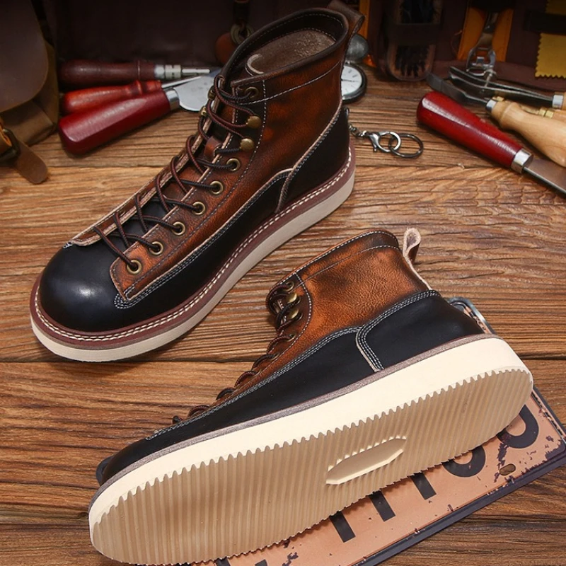 

Высококачественные дизайнерские мужские рабочие ботинки из натуральной кожи, мужские ботинки челси с высоким берцем и толстой подошвой в стиле ретро, мужская повседневная обувь ручной работы на шнуровке
