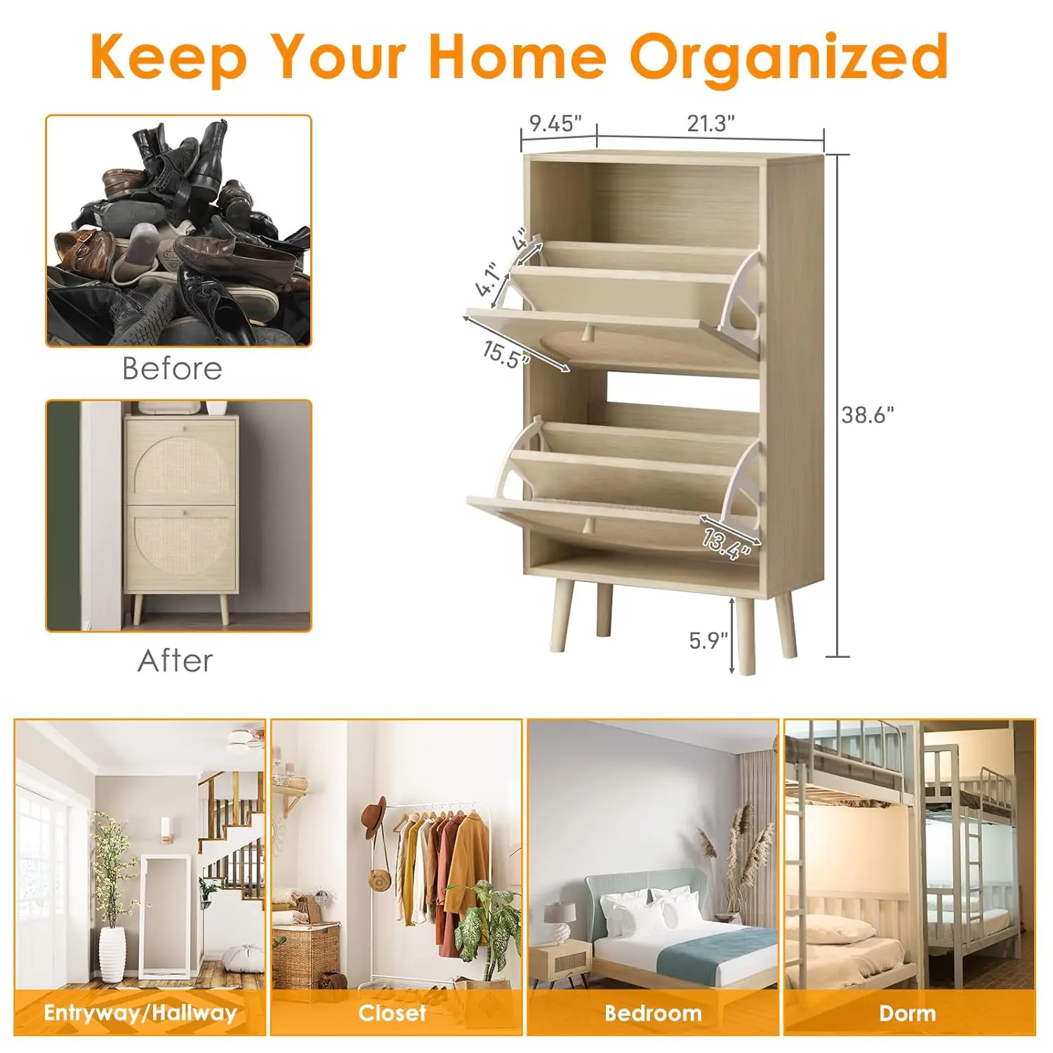 Natural Rattan Shoe Cabinet with Flip Drawers, Slim Freestanding Rack for Entryway, 2-Tier Narrow Organizer, Customized