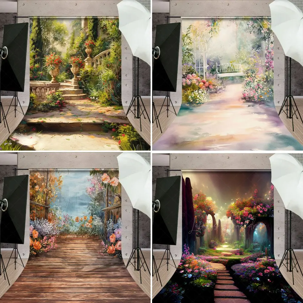 Fondo fotográfico colorido de barrido de camino de bosque de primavera para senderismo, decoración de pared de estudio de fondo de fotografía de bosque natural