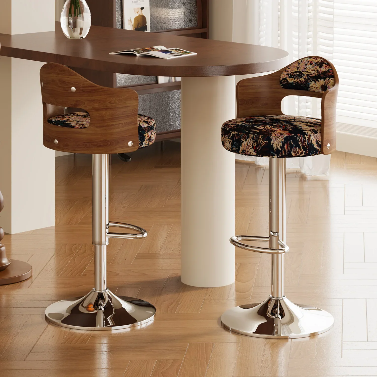 Medieval style wooden backrest high chair household bar chair printed fabric seat cushion can be lifted and lowered