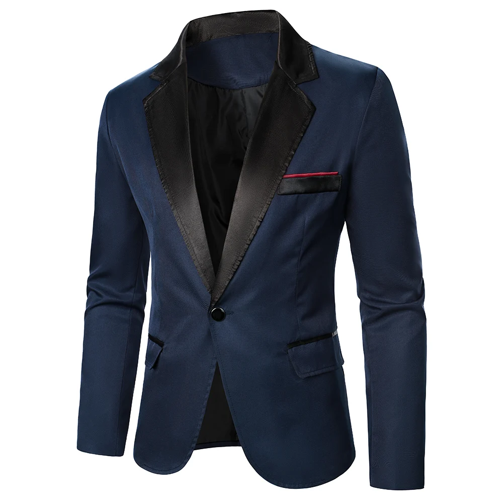 Men Blazer Decorative Chest Pocket Contrast Color Satin Collar  Causal Formal Daily Wedding Men Long Sleeve One Button Blazer