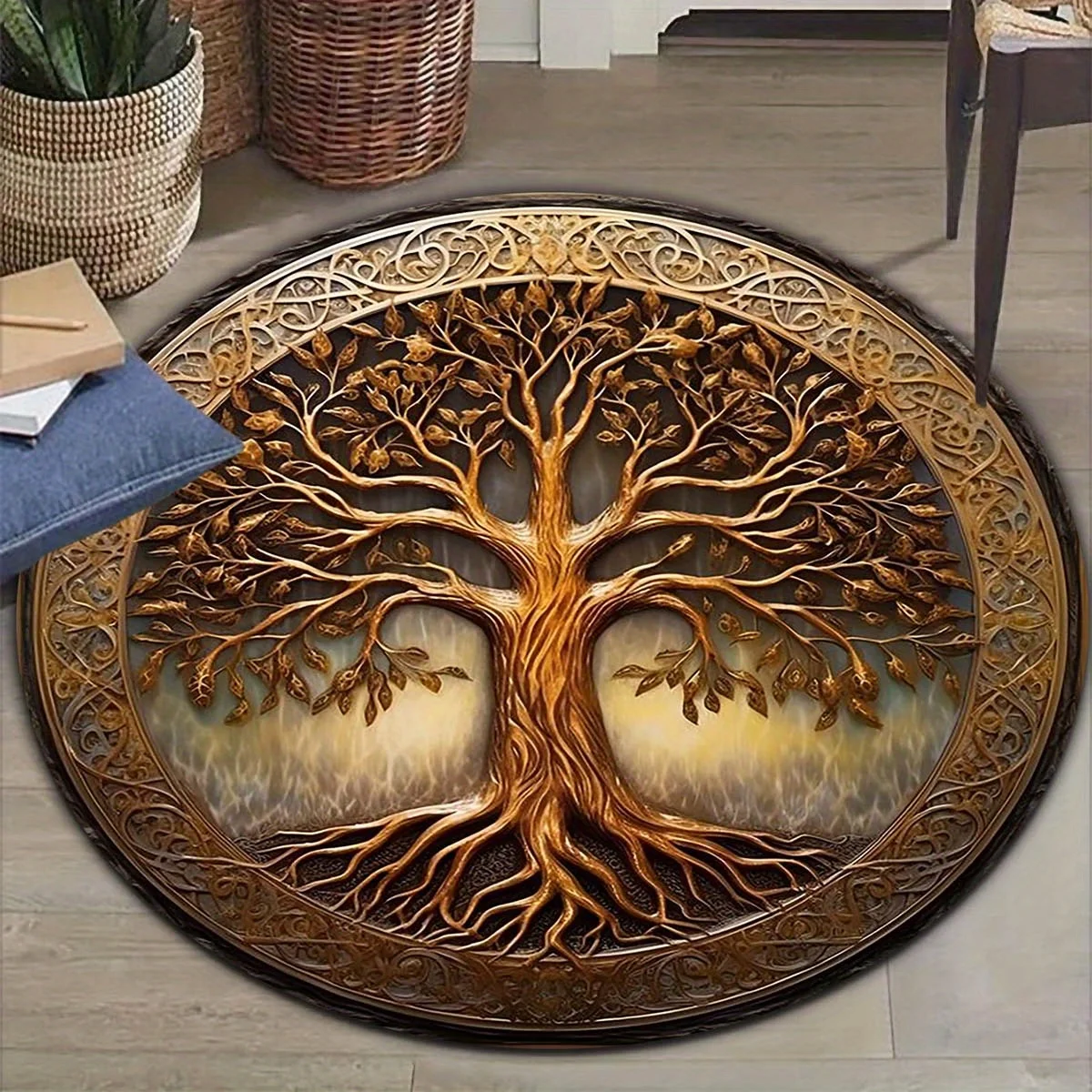 

VIKAMA Luxury Gold Tree of Life Theme Round Carpet Living Room Bedroom Carpet Sofa Chair Soft Carpet Home Decor