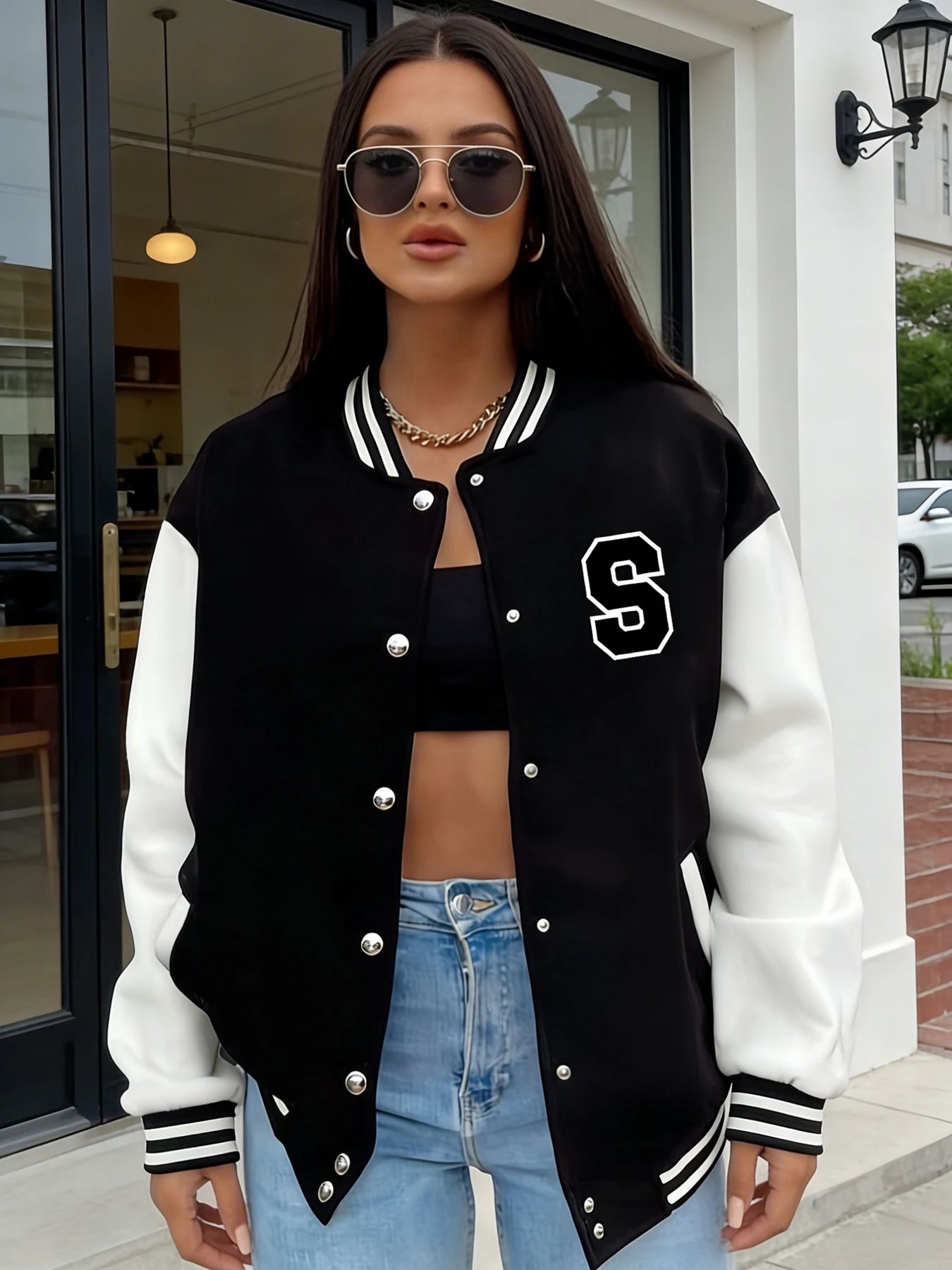 

Женская университетская куртка большого размера с буквенным принтом S, куртка-бомбер с длинными рукавами и пуговицами спереди, повседневная уличная одежда, верхняя одежда, весна-осень