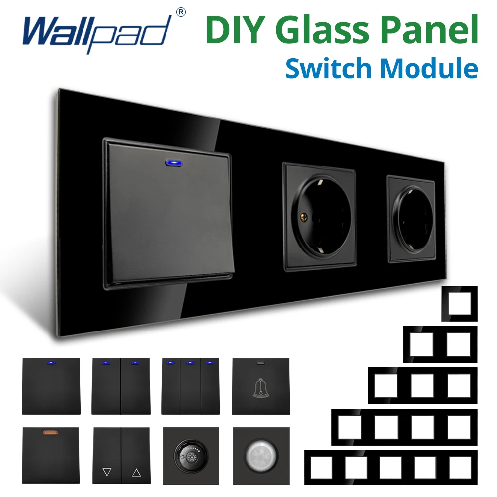 Wallpad Black Glass Panel Wall Light Switch Function Key Only DIY Free Combination 52*52mm 1 2 3 4 5  Multiple Frame