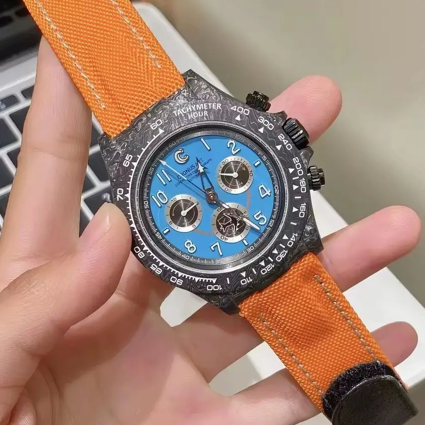 CRONUSART Men Chronograph Watch 40mm Automatic Mechanical Wristwatch Carbon Fiber Waterproof Luminous Sapphire Mirror Nylon Band