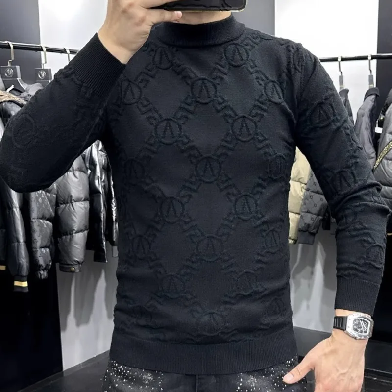 Fall Men Khaki Black Sweter Solid Color Letter Jacquard Pullover Sweater  Korean Sweater Designer Fashion Knit Pullover Sweater